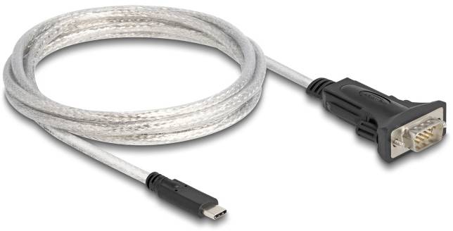 Ein USB-zu-RS232-Adapterkabel mit transparentem Kabelmantel und schwarzen Steckern, das serielle Verbindungen unterstützt.
