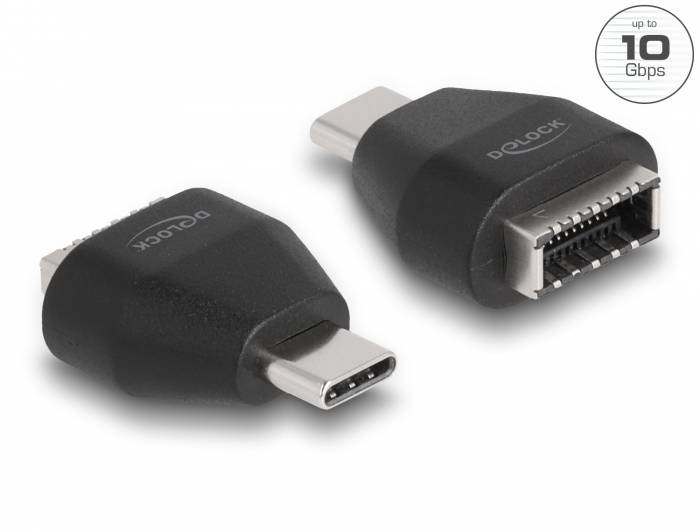 USB-C auf eSATA-Adapter von Delock. Zwei Adapter sind schwarz, eckig und zeigen unterschiedliche Ansichten. Geschwindigkeit: bis zu 10 Gbps.