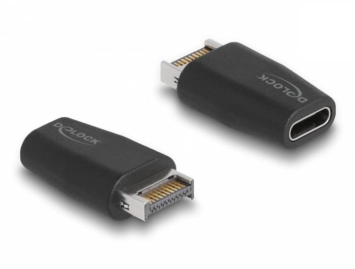 Zwei schwarze Adapter mit USB-C-Buchse und HDMI-Stecker, Marke Delock, in näherer Ansicht gezeigt.