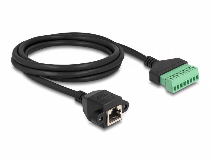 Schwarzes Ethernet-Kabel mit RJ45-Buchse an einem Ende und grünem Steckverbinder am anderen Ende, geeignet für Verbindungstechnik.