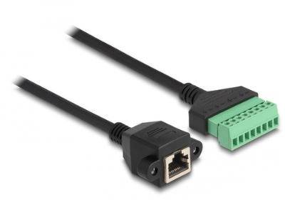 Ein RJ45-Stecker neben einem grünen Terminalblock, beide an einem Kabel befestigt.