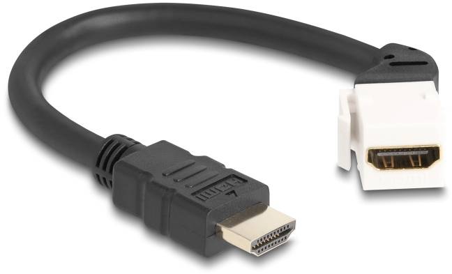 Ein HDMI-Adapterkabel mit einem schwarzen Stecker auf der linken Seite und einem weißen Stecker auf der rechten Seite.