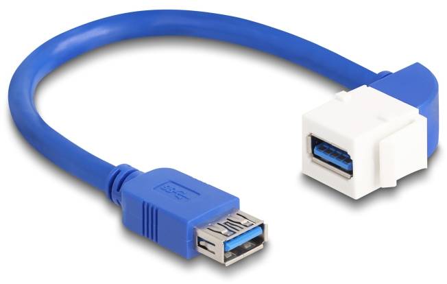 Ein blaues USB-Verlängerungskabel mit weiblichem und männlichem Anschluss, das zur Verbindung von Geräten verwendet wird.