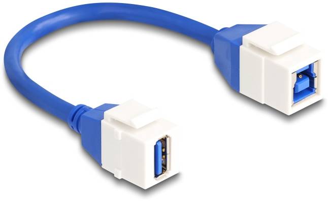 Ein blaues USB 3.0-Verbindungskabel mit zwei weißen Buchsen an den Enden, geeignet für schnelle Datenübertragung zwischen Geräten.