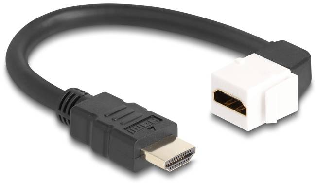 Schwarzes HDMI-Kabel mit Standardstecker links und weißem Adapteranschluss rechts, zum Verbinden von Geräten.