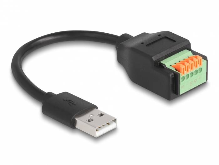 USB zu Phoenix Adapterkabel: USB-Stecker links und grüne Phoenix-Steckverbindung rechts, unterstützt industrielle Anwendungen.
