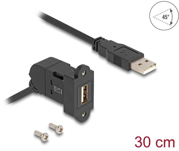 USB-Verlängerungskabel, 30 cm, zeigt eine USB-Buchse mit Montageplatte und USB-Stecker. Zwei Schrauben liegen bei.