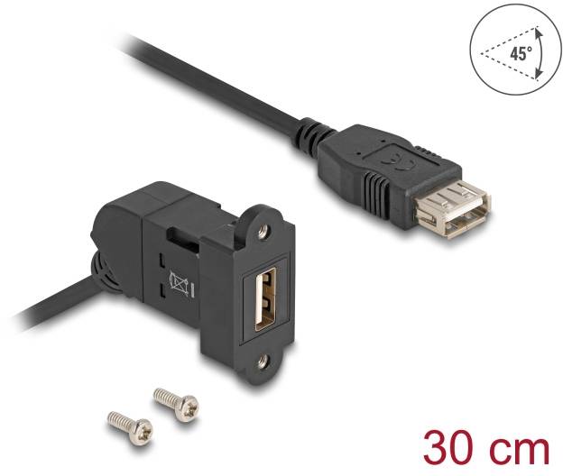 USB-Verlängerungskabel, 30 cm, mit Anschlussbuchse und Montageschrauben. 45-Grad-Winkel im Bild dargestellt.