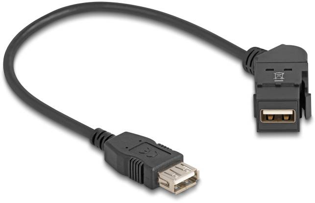 Ein schwarzes USB-Verlängerungskabel mit einem Standard-USB-Anschluss auf der linken Seite und einem rechtwinkligen Anschluss auf der rechten Seite.