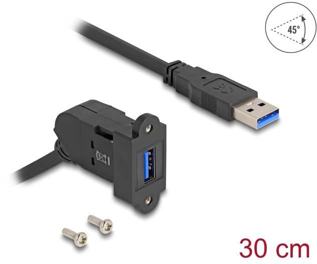 USB 3.0 Verlängerungskabel, 30 cm, mit Befestigungsschrauben. Zeigt den Stecker und die Montagehalterung.