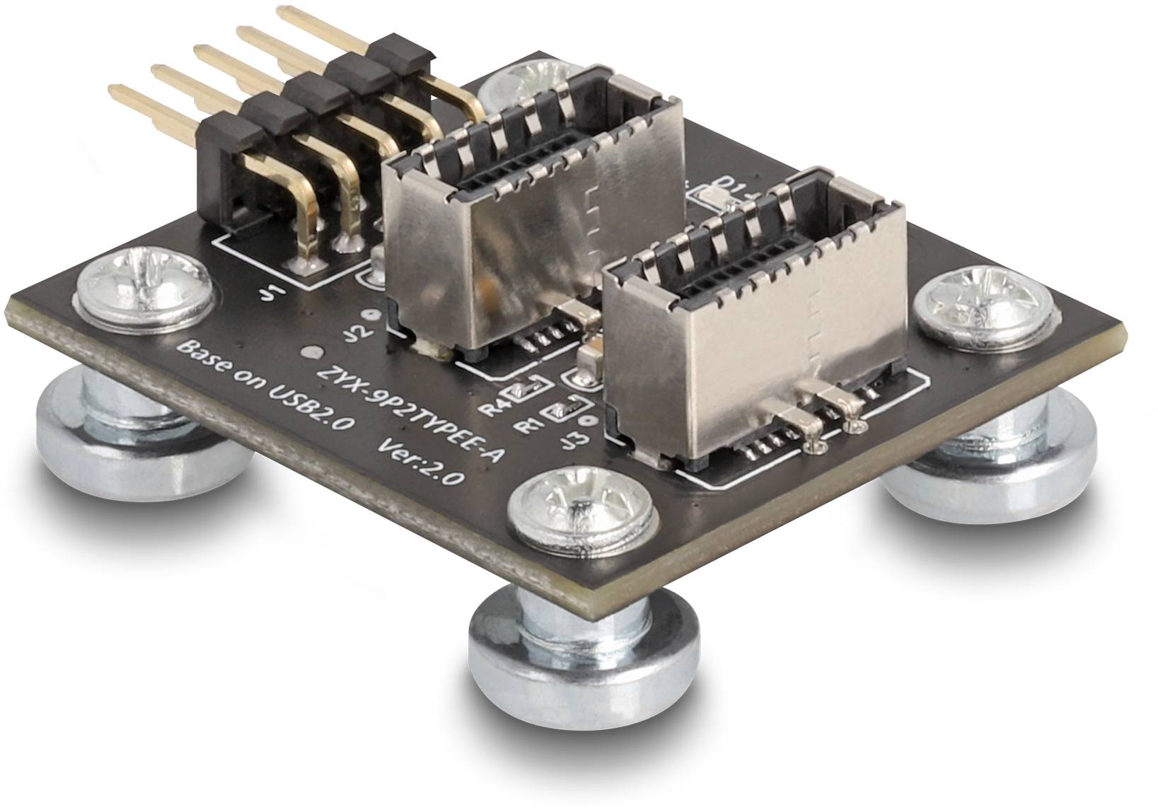 Kleines PCB-Modul mit zwei USB-Anschlüssen und goldenen Stiftleisten, auf Erhöhungen montiert.