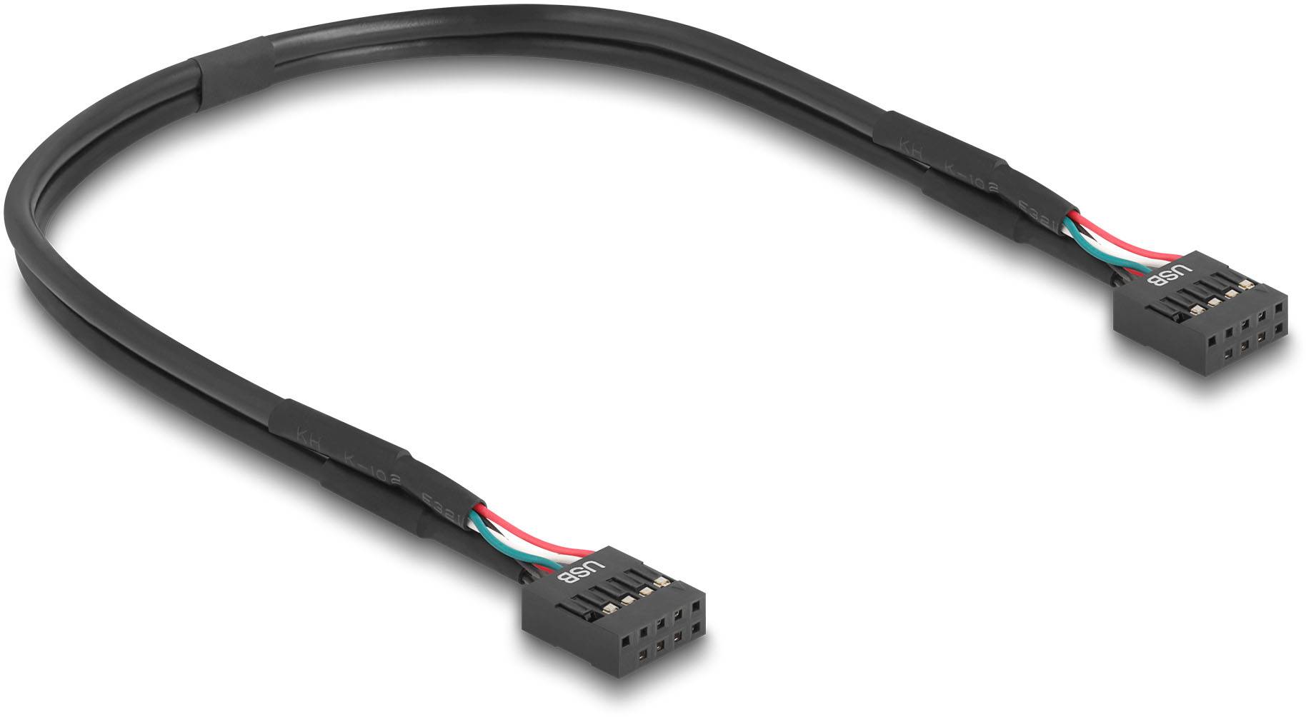 Schwarzes USB-2.0-Verbindungskabel mit zwei Anschlusssteckern, jeweils beschriftet mit 'USB'. Vier farbige Drähte sichtbar: rot, grün, weiß und schwarz.