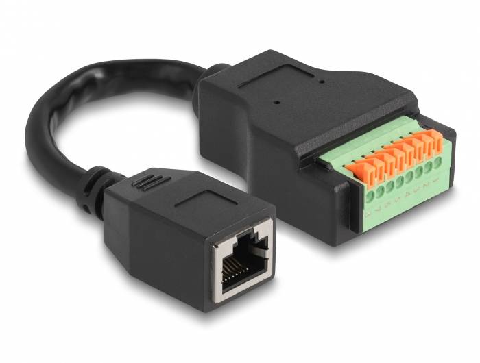 Ein Adapterkabel mit Ethernet-Stecker auf der einen Seite und einem grünen, mehrpoligen Klemmenblock auf der anderen Seite.