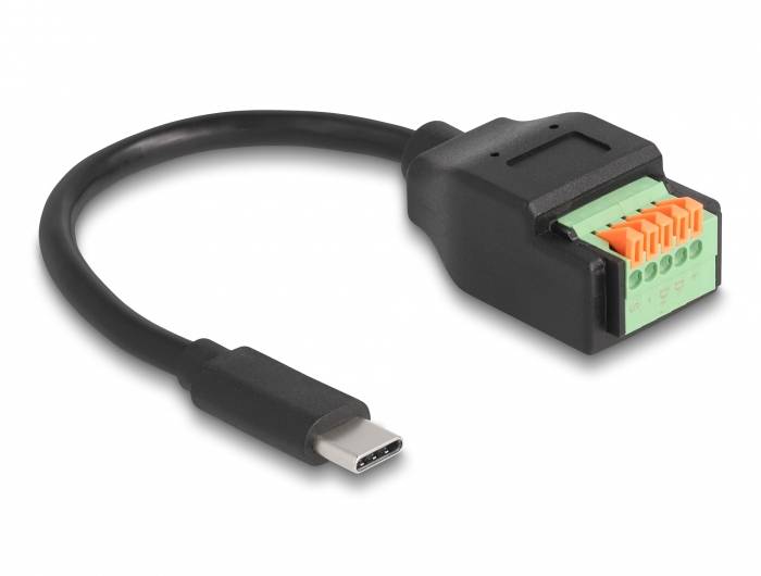 Ein USB-C-Adapterkabel mit grünem und orangefarbenem Klemmenblockadapter für die Verbindung verschiedener elektronischer Geräte.