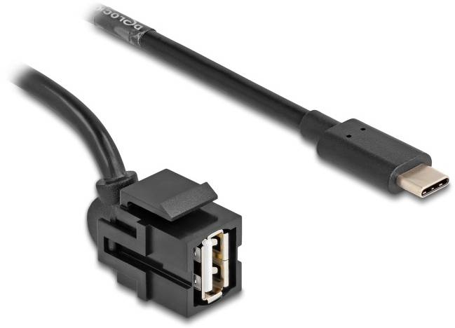 USB-C-auf-USB-A-Kabel, schwarze Farbe, zur Verbindung von Geräten mit unterschiedlichen USB-Anschlüssen. Adapter und Kabel sichtbar.
