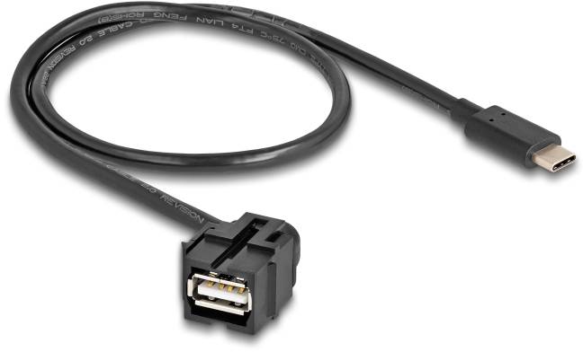 USB-C-auf-USB-A-Verlängerungskabel, schwarz. Zeigt den USB-C-Stecker auf der einen und einen USB-A-Buchsenadapter auf der anderen Seite.