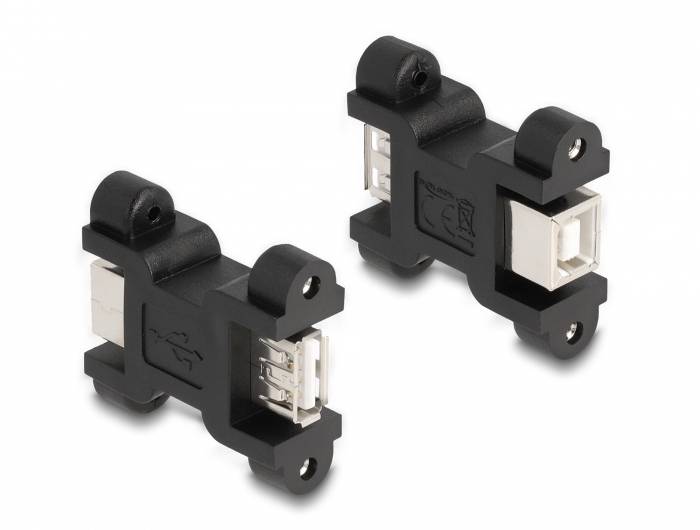 Zwei schwarze USB-Einbaurahmen mit Anschlüssen, die sowohl männliche als auch weibliche USB-Port-Adapter integrieren.