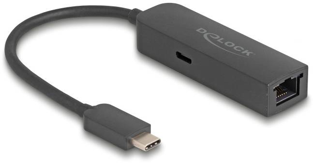 Ein schwarzer USB-C-auf-Ethernet-Adapter mit Delock-Logo, verwendet, um Netzwerkverbindungen für Geräte ohne Ethernet-Anschluss zu ermöglichen.