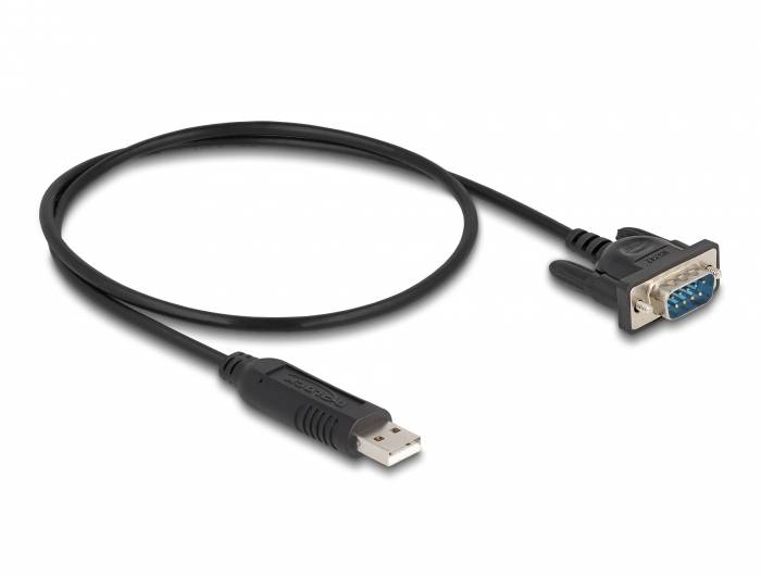 USB-zu-Seriell-Adapterkabel, schwarz, zeigt einen USB-Stecker auf der einen und einen seriellen Anschluss mit Schrauben auf der anderen Seite.