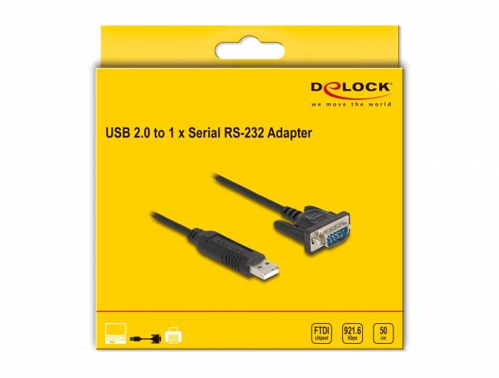 USB-zu-Seriell RS-232 Adapter der Marke Delock in gelber Verpackung, mit Abbildungen des Adapters und technischen Spezifikationen.