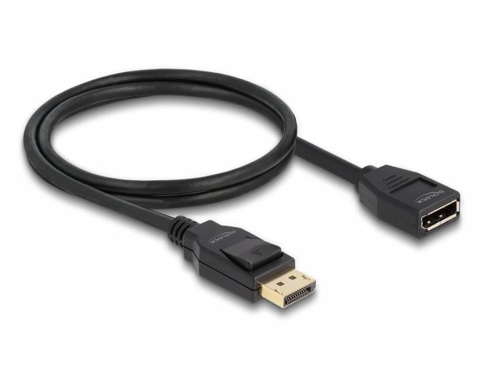 Ein schwarzes DisplayPort-Kabel mit Stecker und Buchse, geeignet für die Verbindung von Computern mit Monitoren für hochauflösende Anzeigen.