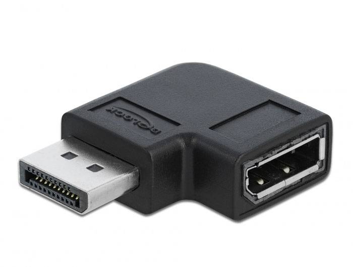 Ein schwarzer DisplayPort-Adapter mit einer männlichen und einer weiblichen Anschlussseite, verwendet zur Verbindung von Kabeln.