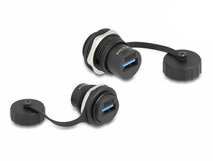 Zwei USB-Anschlüsse mit Abdeckungen, montierbar, schwarzer Kunststoff. Eignen sich für Einbau in Geräte oder Fahrzeuge.