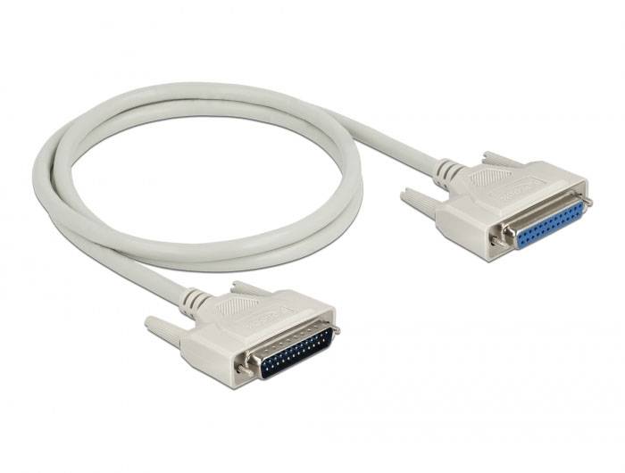 Ein graues Parallelkabel mit zwei Steckern, ein Stecker mit Stift- und einer mit Buchsenleiste, auf weißem Hintergrund.