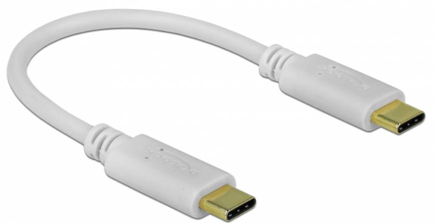 Ein weißes USB-C-auf-USB-C-Kabel, geeignet für den Anschluss moderner Geräte zur Datenübertragung und zum Aufladen.