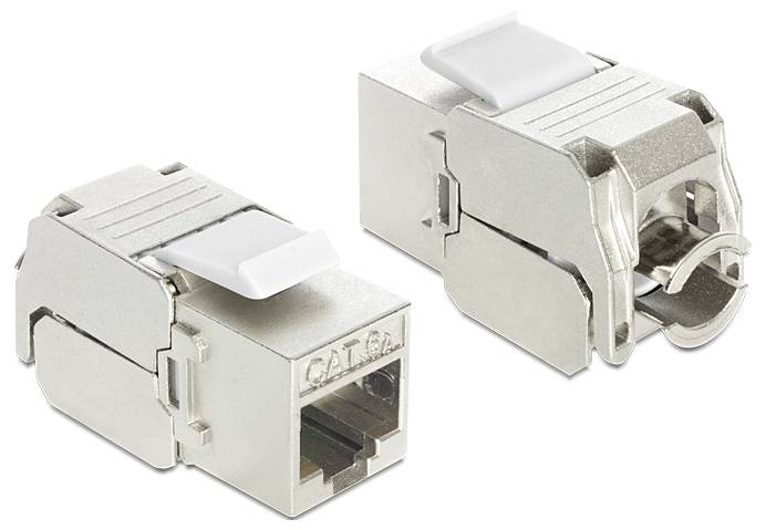 Zwei silberne RJ45-Modulstecker mit CAT6-Kennzeichnung, einer zeigt die Buchse, der andere die Klemme.