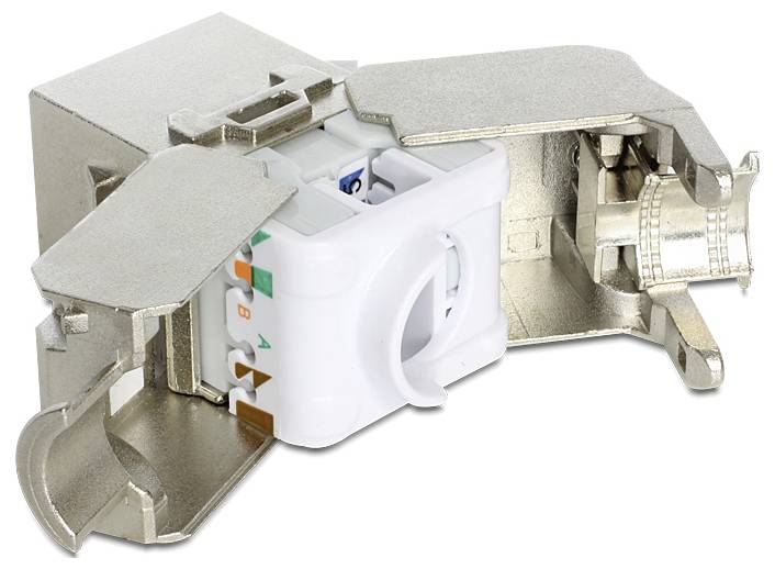 Metallisiertes Modul zum Anschluss von Netzwerkkabeln, zeigt farbcodierte Klemmen für die Kabelverbindung.