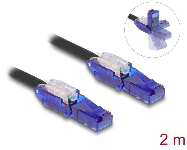 Zwei blaue Netzwerkkabelstecker auf schwarzem Kabel, Länge 2 Meter. Oben rechts eine Nahaufnahme des Steckermechanismus.