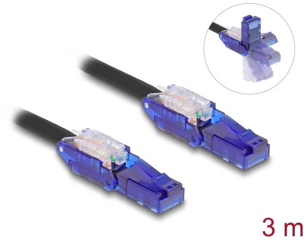 Zwei blaue Netzwerkkabelstecker mit transparenten Gehäusen, Länge 3 Meter. Stecker bietet Schutz vor Knicken.