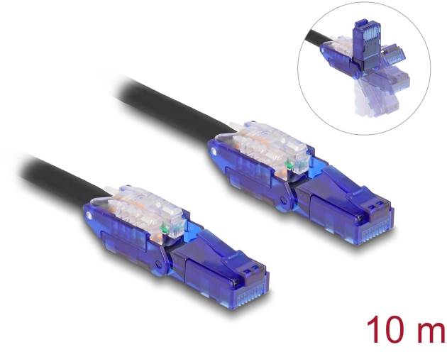 Zwei blaue Ethernet-Kabelstecker auf schwarzem Kabel, Länge 10 Meter. Oben rechts eine Nahaufnahme des Steckers.