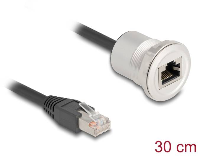 CAT6 Ethernet-Kabel, schwarz, 30 cm, mit RJ45-Stecker und Befestigungsbuchse aus Metall. Geeignet für Netzwerkverbindungen.