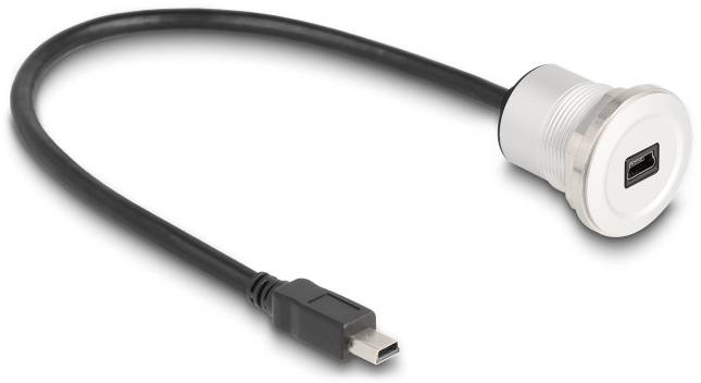 Ein schwarzes USB-Kabel mit einem Mini-USB-Stecker an einem Ende und einem runden, weißen Gehäuse am anderen Ende, vermutlich ein Adapter.