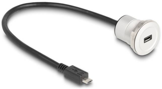Ein USB-Verlängerungskabel mit einem schwarzen Stecker auf der einen Seite und einer weißen Montagemöglichkeit auf der anderen Seite.
