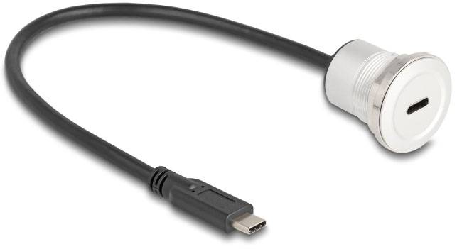 USB-C-Kabel mit schwarzem Kabel und weißem Adapter, zum Anschließen von Geräten oder zum Aufladen geeignet.