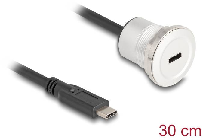 USB-C Buchse mit 30 cm Kabel, geeignet für den Einbau in Geräte oder Möbel, bietet eine praktische Lade- oder Datenverbindung.
