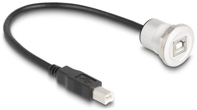 Ein USB-Kabel mit einem schwarzen Stecker auf der einen Seite und einer silbernen, runden Buchse auf der anderen Seite.