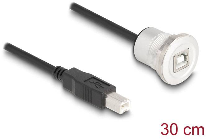 USB-B-Kabel auf Einbaubuchse, 30 cm Länge. Schwarzes Kabel verbunden mit silberner Frontplatte für feste Montage, USB 2.0 Standard.