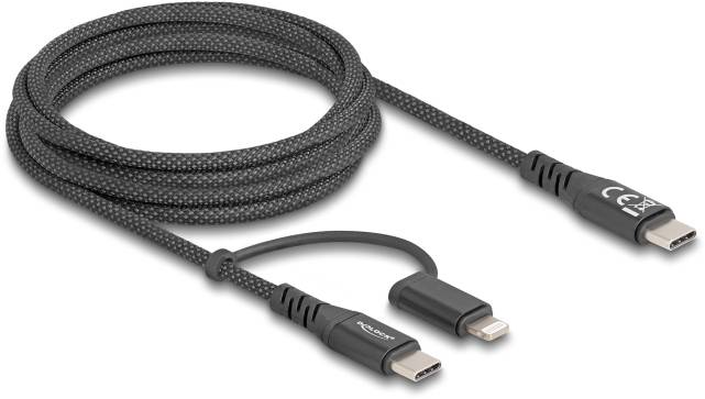 Geflochtenes USB-C-Kabel mit zwei Steckern: USB-C und Lightning. Eignet sich zum Aufladen von Geräten oder Datenübertragung.