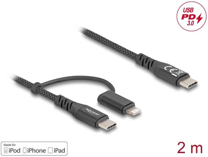 Ladekabel mit USB-C- und Lightning-Anschluss, 2 Meter Länge, kompatibel mit iPod, iPhone, iPad, unterstützt USB PD 3.0.