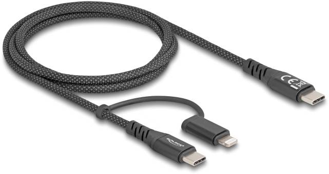 Ein USB-C-auf-Lightning-Kabel mit Nylonummantelung, geeignet zum Aufladen und Datentransfer zwischen kompatiblen Geräten.