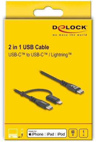 Gelbe Verpackung mit schwarzem Text: '2 in 1 USB Cable USB-C™ to USB-C™ / Lightning™'. Kompatibel mit iPhone, iPad, iPod. 60W, 1m Länge.