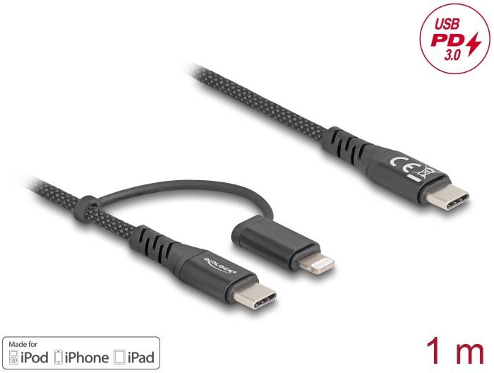 USB PD 3.0 Ladekabel, 1 m, mit USB-C- und Lightning-Anschluss für iPod, iPhone, iPad. Schwarzes Kabel mit gewebtem Design.