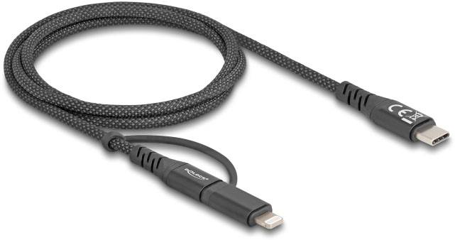 Ein schwarzes, geflochtenes Kabel mit einem USB-C-Stecker auf der einen Seite und einem Lightning-Stecker auf der anderen Seite.