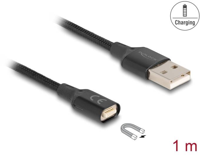 Ein USB-Stecker und ein magnetischer Ladeanschlusskabel, ummantelt, auf weißem Hintergrund. Symbol 'Laden' und '1 m' angegeben.