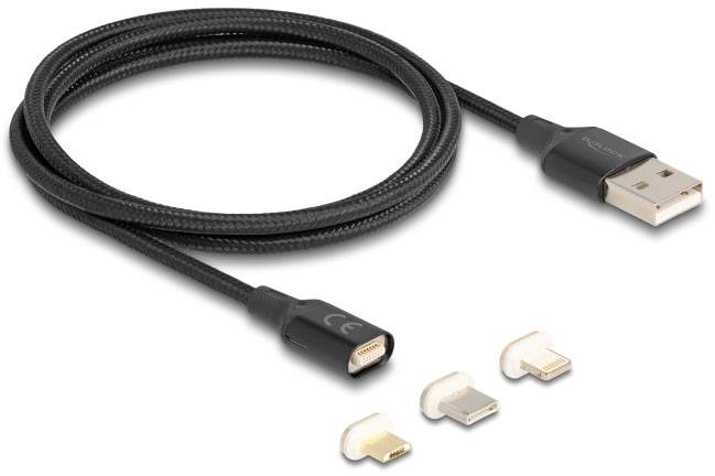 Schwarzes USB-Kabel mit austauschbaren Anschlüssen: Micro-USB, USB-C und Lightning. Ideal für vielseitige Ladeoptionen.