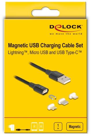 Magnetisches USB-Ladekabel-Set, kompatibel mit Lightning™, Micro USB und USB Type-C™. Enthält Kabel und magnetische Adapter.